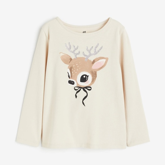 H&M Cream Long Sleeve Kids Top with Deer Design - Picture 1 of 4